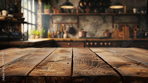 Rustic wooden table set against a kitchen backdrop, ideal for food photography and kitchen product showcases, with a blur enhancing the room's ambiance