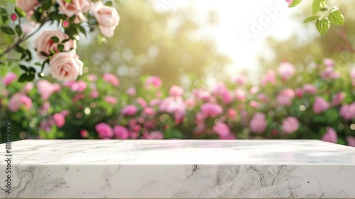 Pure white marble display table with a romantic bokeh effect from a rose garden in the background, ideal for high-end product mockups