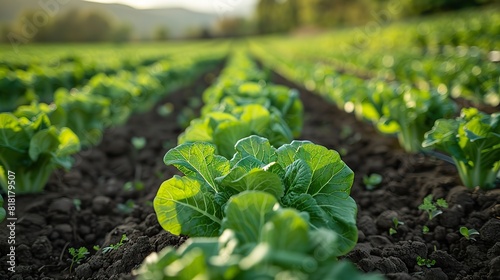 A field of vibrant green endive growing in neat rows. photo