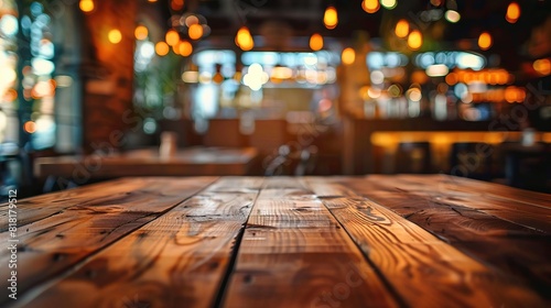 Radiant wooden table foreground with a dynamic blur of a restaurant scene in the background, epitomizing exuberance in dining setups