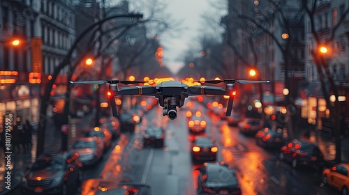 Drone flying over city street with cars, sunset light. Drone camera on urban road background. Concept of drone technology for photo and video shooting or traffic control in modern metropolis. Generati