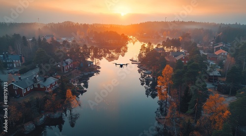 drone flying over lake, in the background town with houses and trees, golden hour, drone is black in color, wide shot, professional photography style. Generative AI