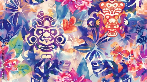 Vibrant tropical patterns with abstract tribal masks