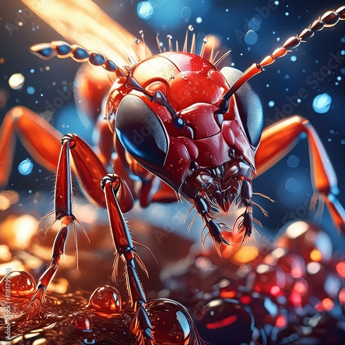 red ant.an artistic representation of a red imported fire ant, Solenopsis invicta, in a close-up view, capturing its detailed features and striking red color.  photo