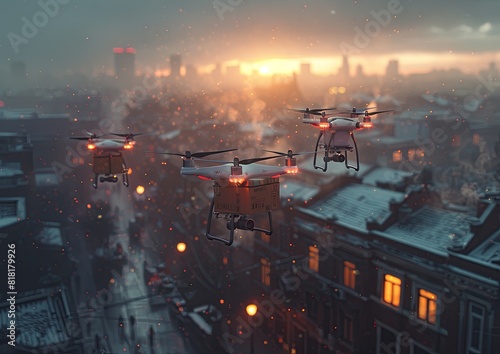 Drones carrying boxes were flying over the city in a photo realistic style. The stock photography and was high resolution with highly detailed and sharp focus with no blur. generative AI