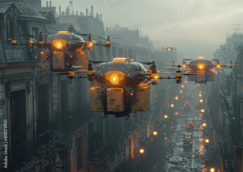 Drones carrying boxes were flying over the city in a photo realistic style. The stock photography and was high resolution with highly detailed and sharp focus with no blur. generative AI