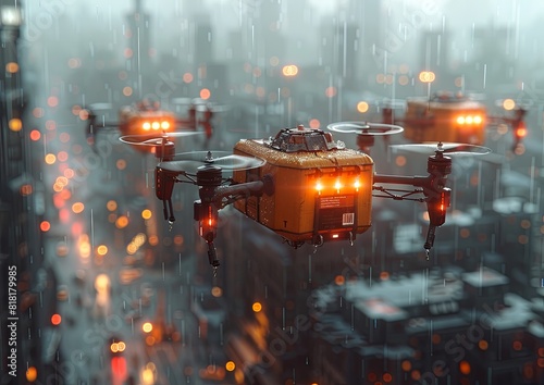 Drones carrying boxes were flying over the city in a photo realistic style. The stock photography and was high resolution with highly detailed and sharp focus with no blur. generative AI