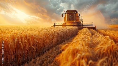 A farmer driving a combine harvester through a field of rye. photo