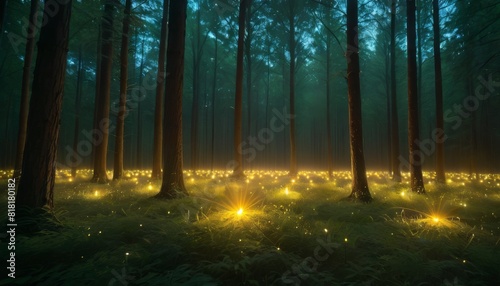 Enchanting view of a mystical forest filled with bioluminescent lights scattered around the base of tall trees in a foggy setting.