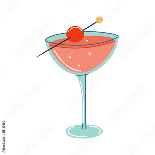 Alcohol party drink with cherry. Cool Summer 70s style cocktail. Retro colors glass with red sparkling drink. Flat style isolated vector illustration.