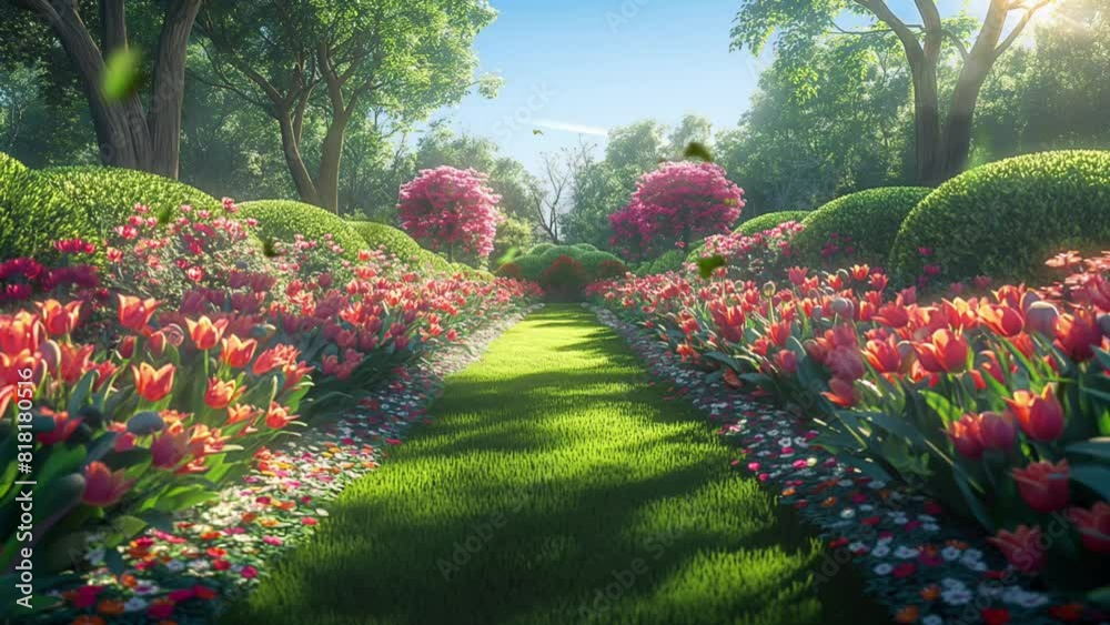 Beautiful sunlight garden with spring flower in full bloom, springtime, motion video background