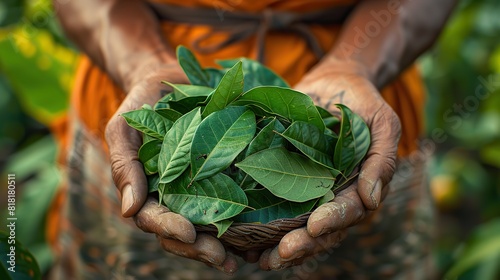 A farmer's hands holding a bundle of fresh bay leaves.