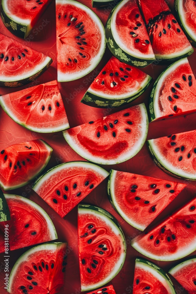 Watermelon slices on a red background.