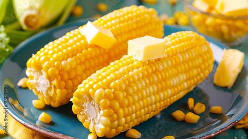 Two pieces of corn on the cob with butter.