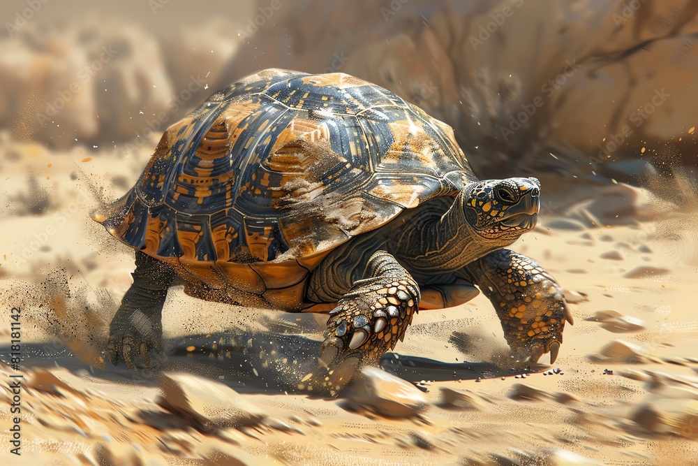 Obraz premium Illustrate a land turtles journey in a digital photorealistic style