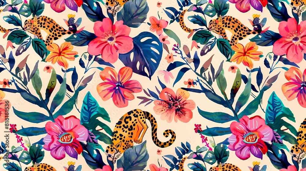 A colorful tropical pattern with leopards and lush flowers