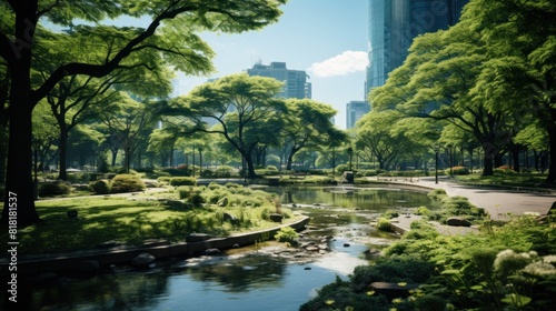 Peaceful Urban Park in Lujiazui  Shanghai with Lush Greenery and Water Stream