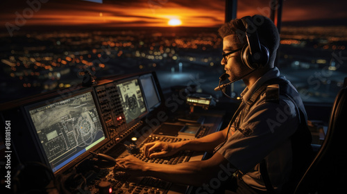 Air Traffic Controller Managing Flights at Sunset in Control Tower photo