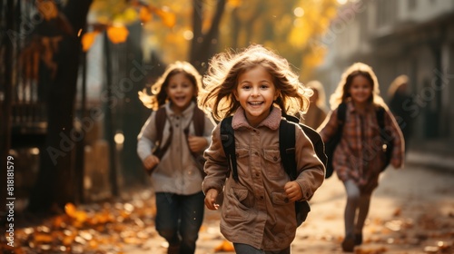 Group of Happy Elementary School Kids Running at School in Autumn