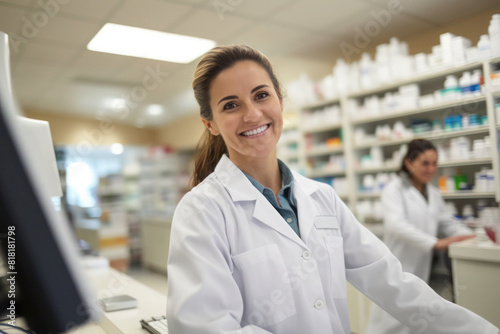 Female pharmacist standing behind a counter in a pharmacy, wearing a white lab coat.	Pharmacist assist customers with their healthcare needs.