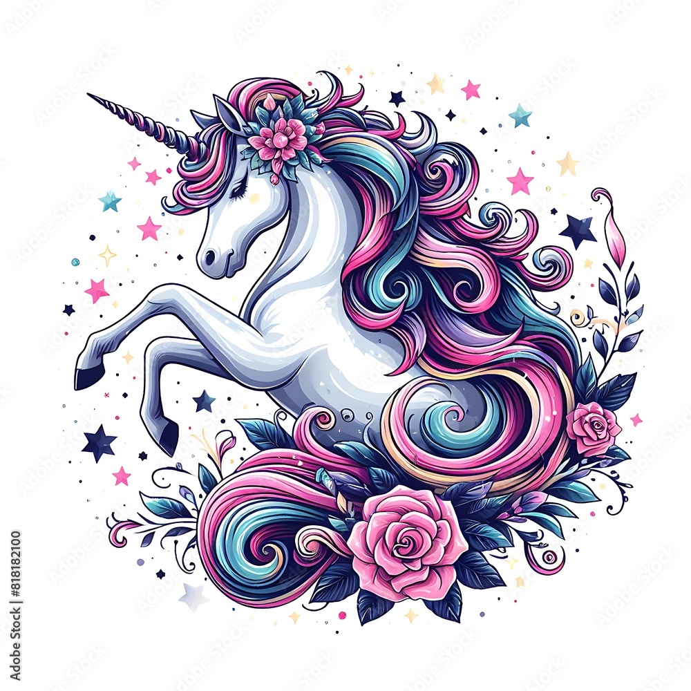 A unicorn with flowers and stars realistic lively meaning art realistic.