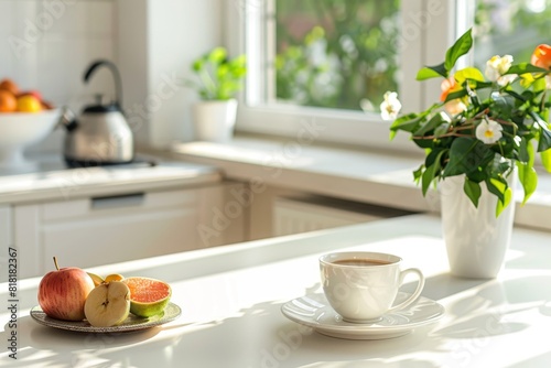 Bright modern kitchen morning coffee summer breakfast scene copy space white table