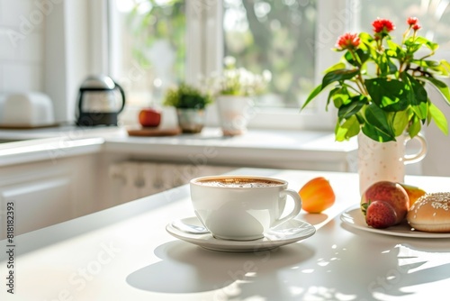 Bright modern kitchen morning coffee scene, summer breakfast view on white table