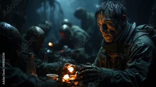 Military Medic Treating Injured Soldiers in a War Zone at Night photo