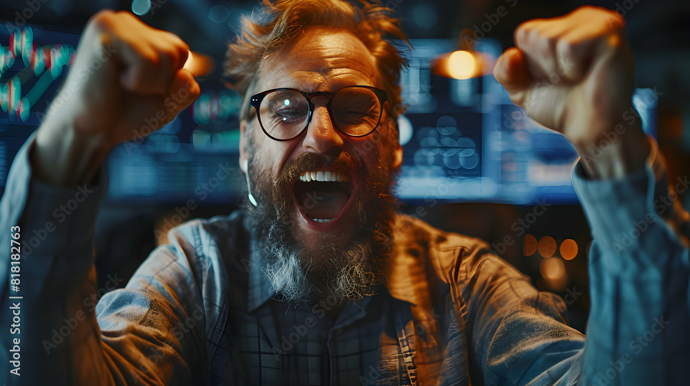 Success Story: Trader Triumphantly Celebrating Major Win in the Thrilling World of Trading Emotional Highs and Rewards Captured in Realistic Photo Success Story: Trader Triumphantly Celebrating Major Win in the Thrilling World of Trading Emotional Highs and Rewards Captured in Realistic Photo