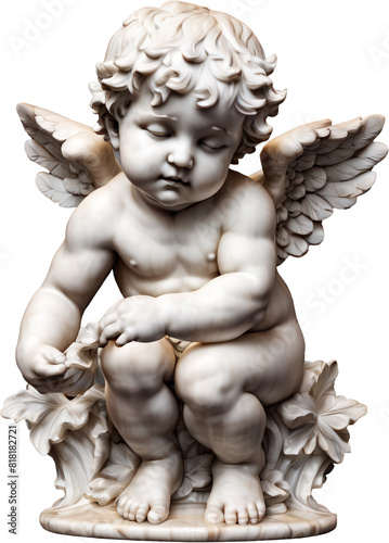 A marble statue of a cherub, highlighted on a transparent background. White plaster figure of an angel.