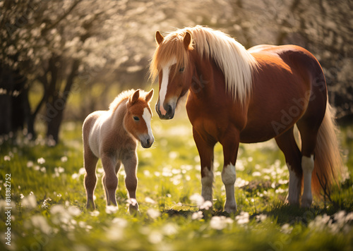 Pinto mare and red foal run on spring green meadow