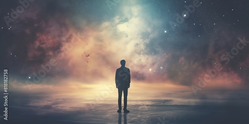 A lone figure stands contemplating the vast cosmic space filled with stars and nebulae, representing concepts of solitude, the universe, and existence photo