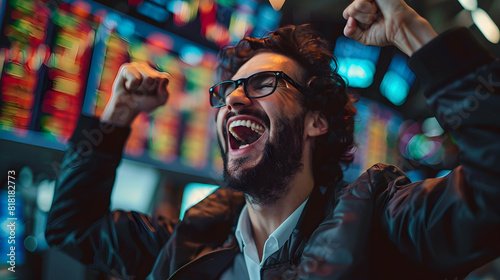 Emotional Highs of Trading: Trader Triumphs After Major Win Celebratory Stock Photo Capturing the Rewards of Successful Trading