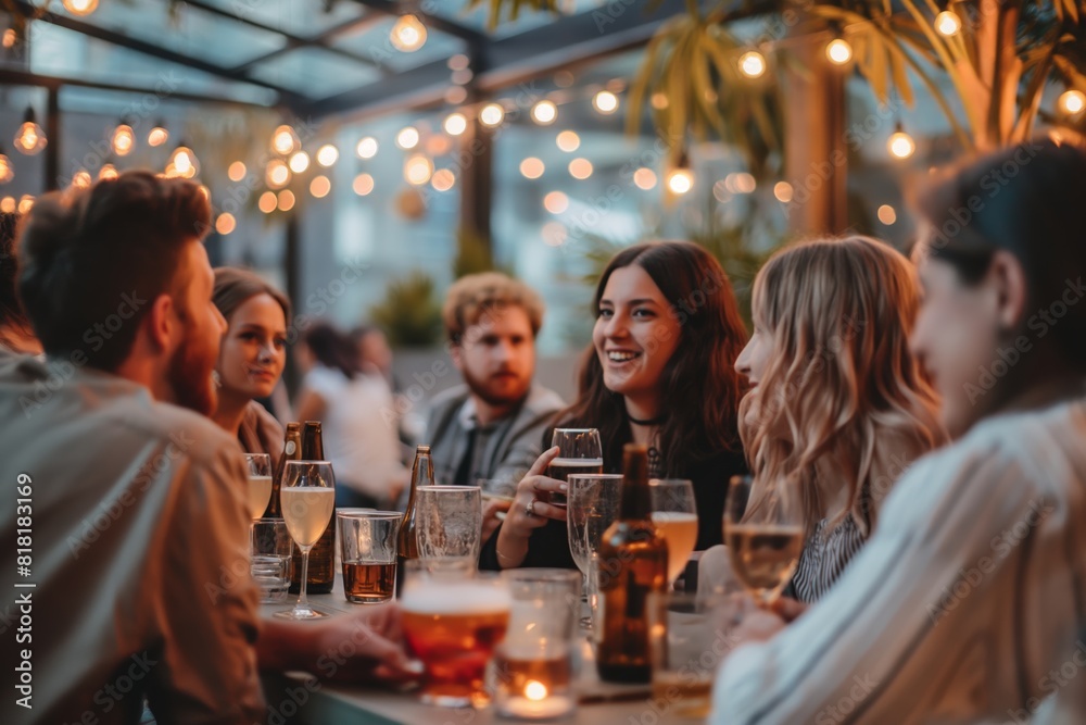 A group of young adults socializing at a table outdoors with drinks, in a warmly-lit, casual setting A group of young adults socializing at a table outdoors with drinks, in a warmly-lit, casual setting