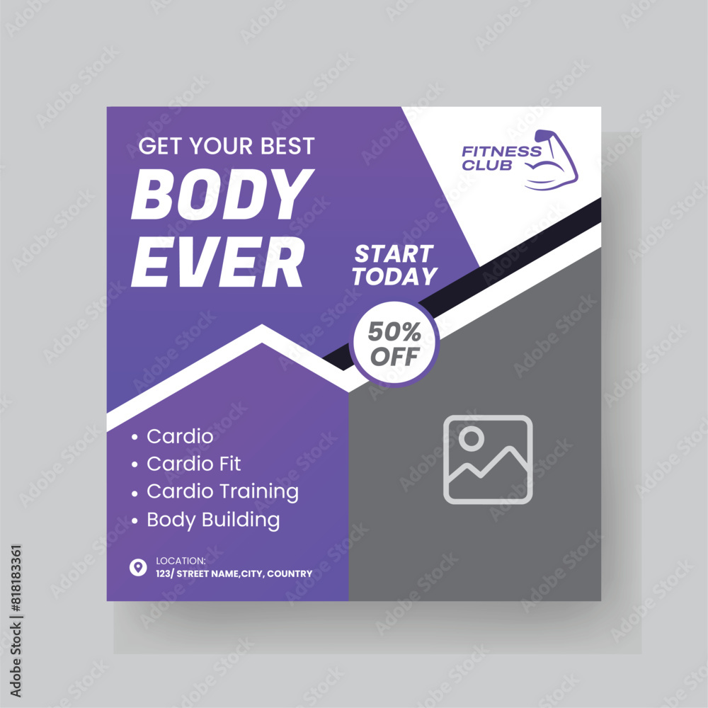 Gym and fitness social media post template design.