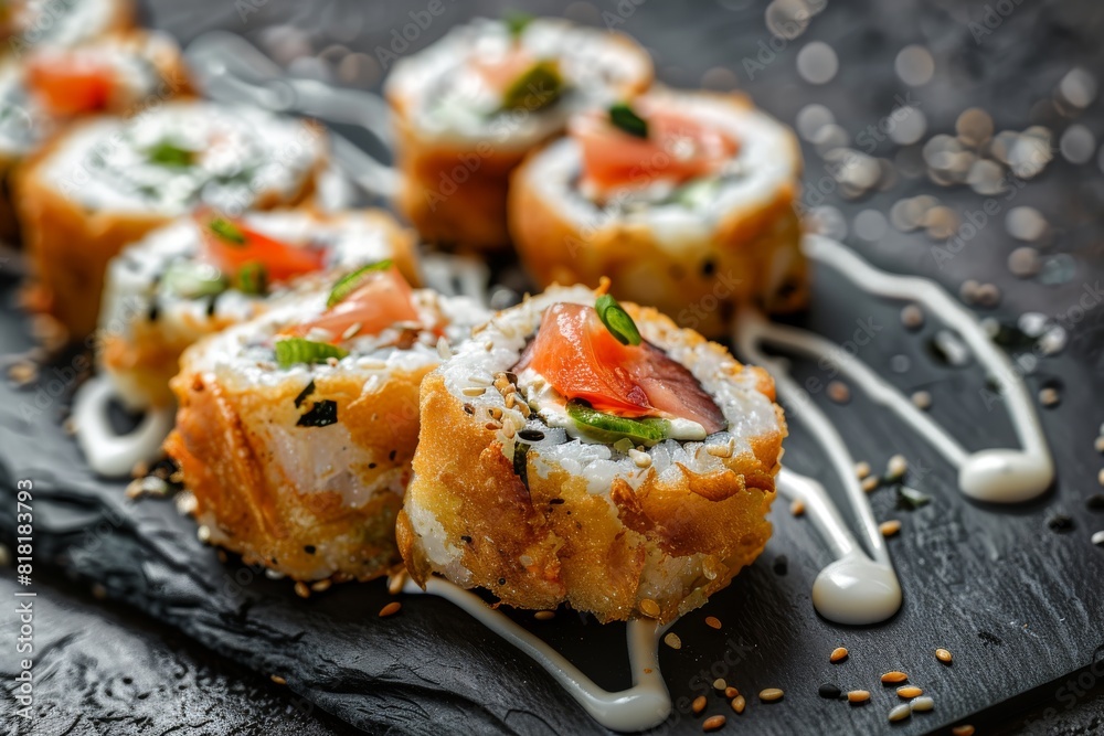 Crispy Ebi Tempura Maki Sushi Rolls, Deep Fried Uramaki Roll Set with Cream Cheese, King Prawns Crispy Ebi Tempura Maki Sushi Rolls, Deep Fried Uramaki Roll Set with Cream Cheese, King Prawns