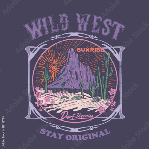 Hand drawn Desert mountain print artwork ,wild west desert graphic print, summer print design in vector , sunrise the desert , Cactus and flower artwork. Desert vibes vector graphic print design 