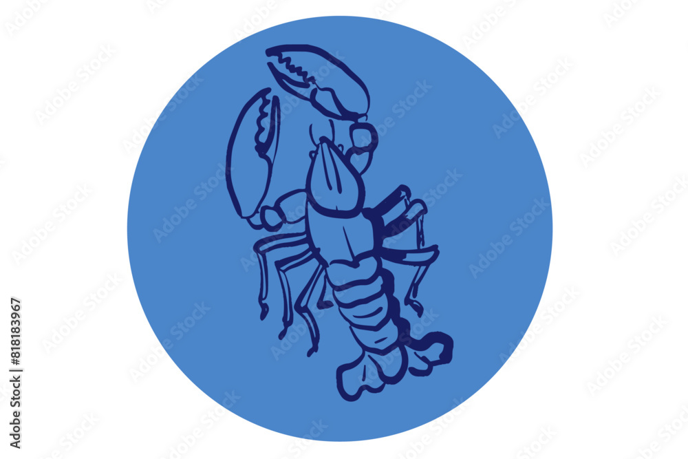 Lobster in blue circle. Seafood simple vector icon. Hand drawn illustration. Ocean and sea delicacy symbol. Design for branding, restaurant logo and menu.
