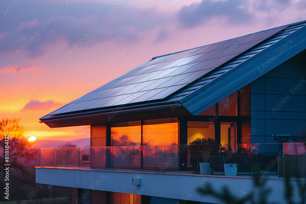 Modern house with solar panels is highlighted against a vibrant sunset, showcasing energy efficiency and sustainable living. Modern house with solar panels is highlighted against a vibrant sunset, showcasing energy efficiency and sustainable living.