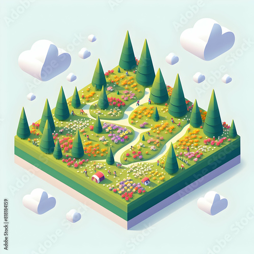 Alpine Meadows In Full Bloom  Simple Flat Design Icon Displaying a Carpet of Wildflowers   Isometric Scene for Photographers and Nature Enthusiasts
