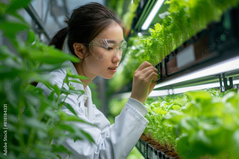 Asian Female scientist looks at plots of organic hydroponic vegetables being grown in an indoor vertical farm. The concept of analysis, research and development of the future of agriculture Asian Female scientist looks at plots of organic hydroponic vegetables being grown in an indoor vertical farm. The concept of analysis, research and development of the future of agriculture