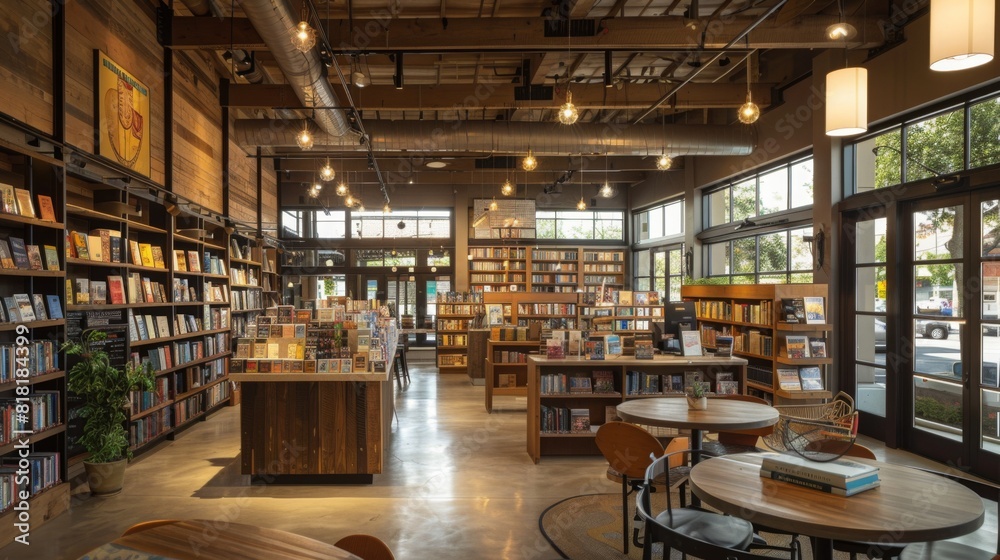 The image showcases the interior of a bookstore filled with tables displaying various books for sale, creating a cozy and inviting atmosphere for book lovers. The image showcases the interior of a bookstore filled with tables displaying various books for sale, creating a cozy and inviting atmosphere for book lovers.