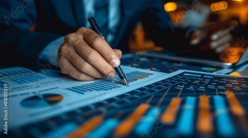 A businessman holding a pen over financial reports, overlaid with stock market graphs, investment data, and research notes, symbolizing finance and budgeting