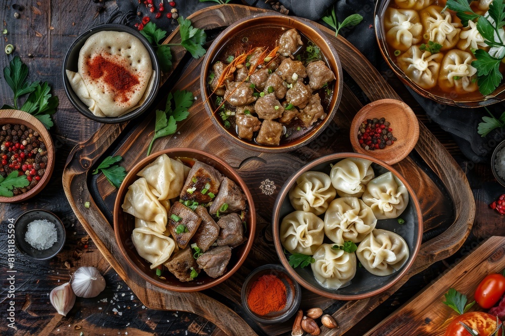 Asian Dishes Set, Azerbaijani Dumplings Giurza with Lamb Meat and Mutton Fillet in Ceramic Bowls Asian Dishes Set, Azerbaijani Dumplings Giurza with Lamb Meat and Mutton Fillet in Ceramic Bowls