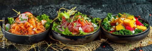 Raw Fish Salad Set, Herb Cheese Vegetable Salad, Baked Pumpkin Salat, Raw Smoked Salmon photo