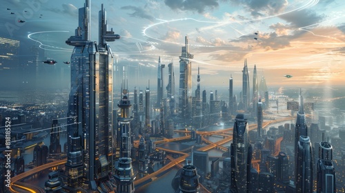A futuristic city skyline featuring towering glass buildings, flying cars, and advanced technology, illustrating a utopian vision of the future 