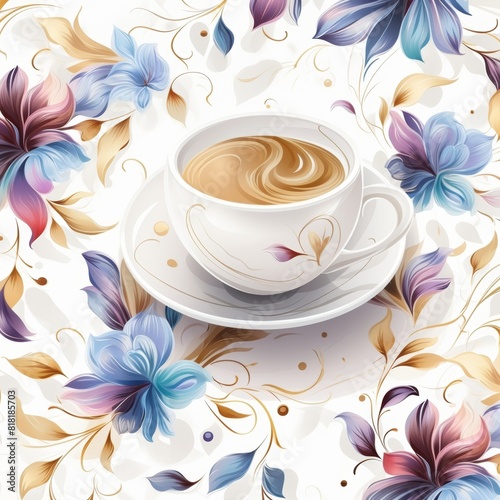 High quality pastel coffee cup pattern on white background for morning design and apparel prints