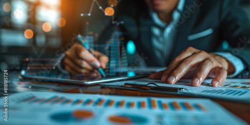 A businessman in a meeting, overlaid with financial charts and investment data, symbolizing business finance and budgeting