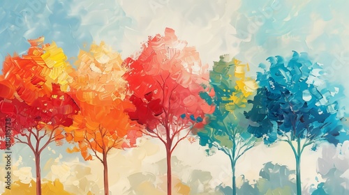 A painting of four trees with different colored leaves