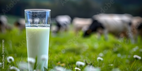 Cows grazing in a green field with a glass of milk. Concept Nature, Farm Animals, Milk Production, Agriculture, Dairy Industry photo